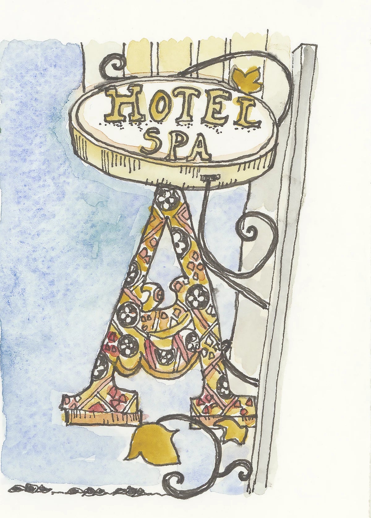 Camino sketch of a hotel and spa sign with ornate A