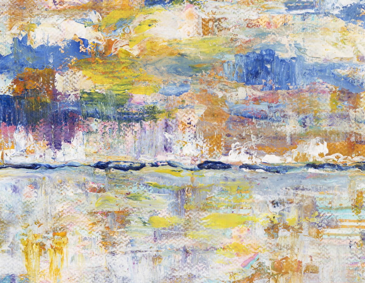 Abstract landscape acrylic painting in blue and yellow tones