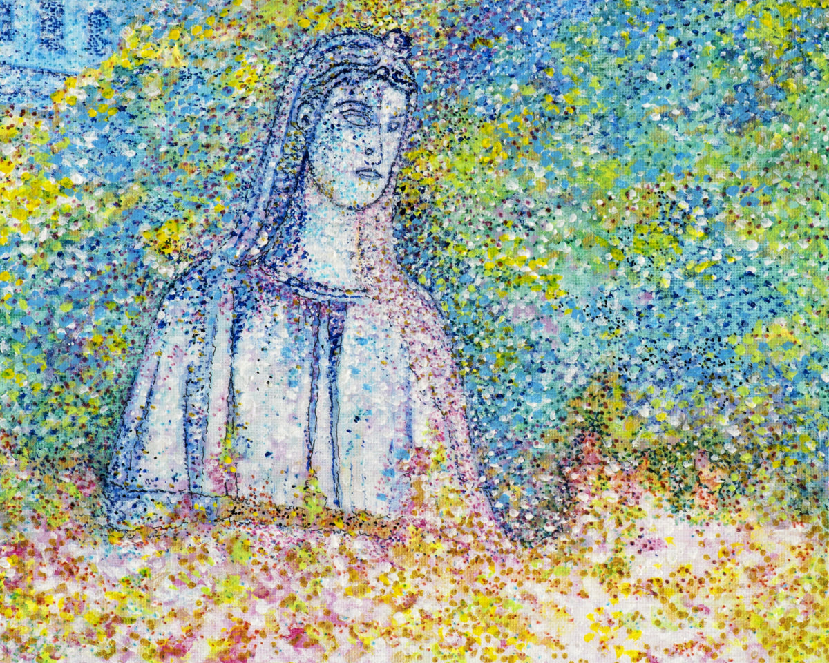 Camino-inspired abstract portrait in blue, yellow, and green pointillist textures.