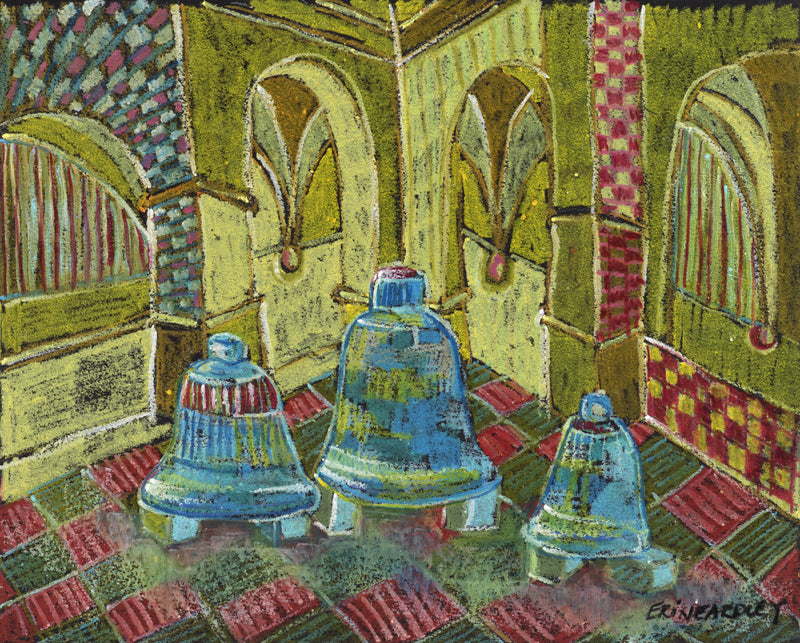 Pastel artwork of three bells on checkered floor