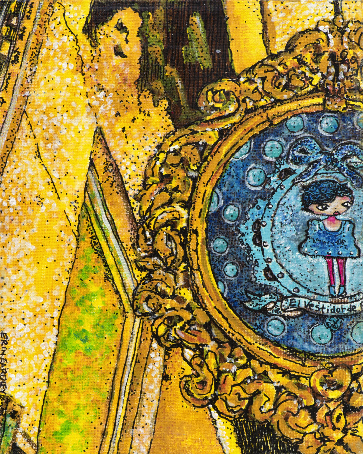 Camino artwork featuring a golden ornate frame with a small blue-dress figure inside.