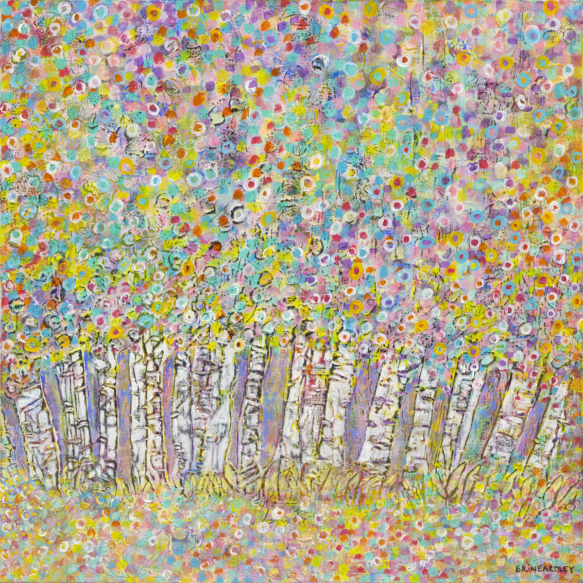 Colorful painting of birch trees with abstract floral canopy in pastel tones