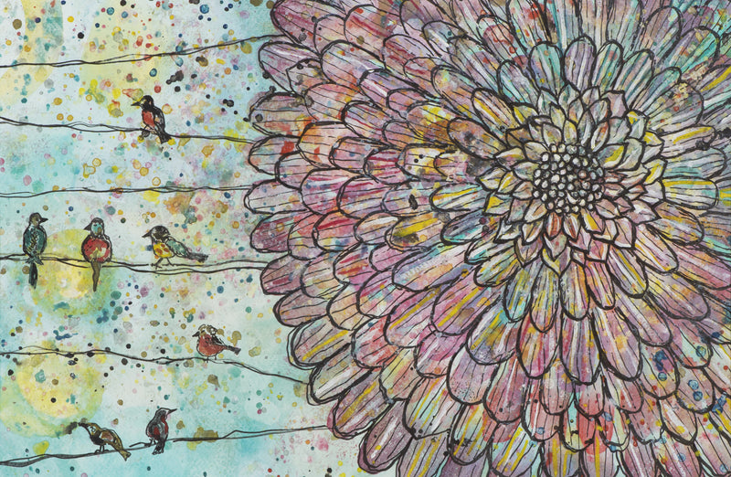 Watercolor painting of birds on wires beside a large colorful flower.