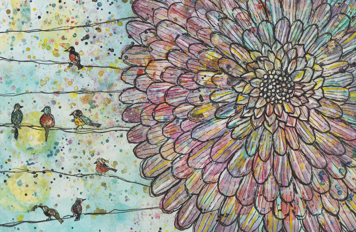 Watercolor painting of birds on wires beside a large colorful flower.