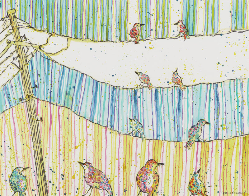 Colorful watercolor painting of birds on telephone wires against striped abstract background