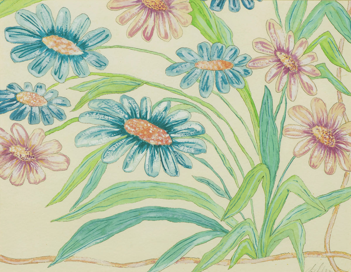 Watercolor painting of blue and purple daisies with green leaves on a light background