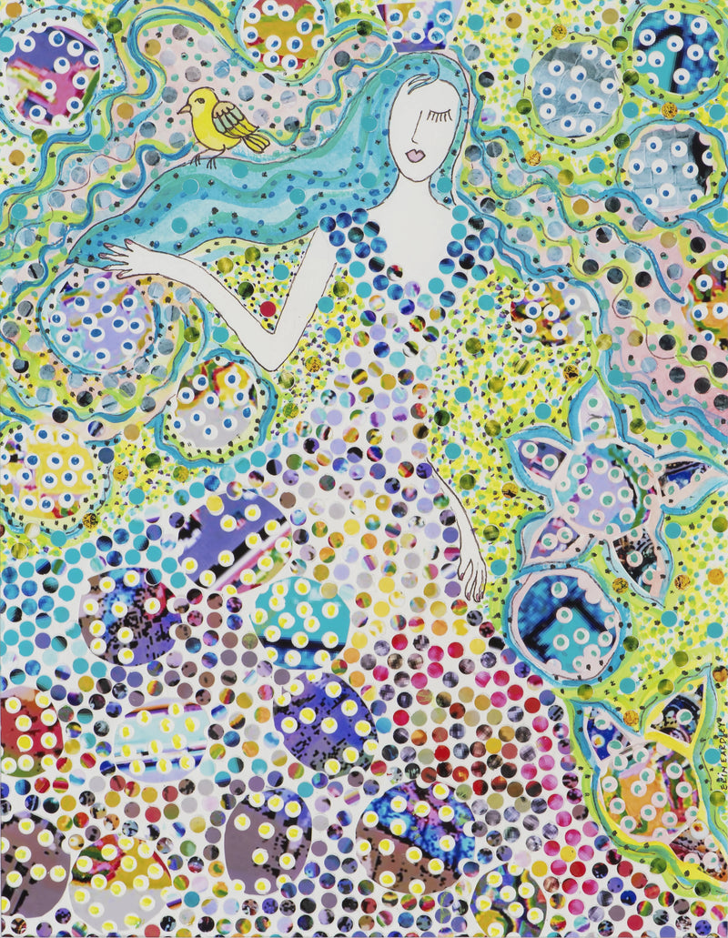 Hole punch mixed media artwork depicting a woman with blue hair and a yellow bird
