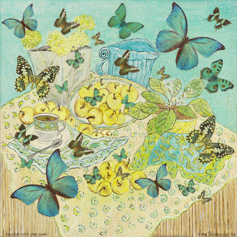 Whimsical painting of butterflies fluttering around apples, flowers, and a teacup on a yellow tablecloth
