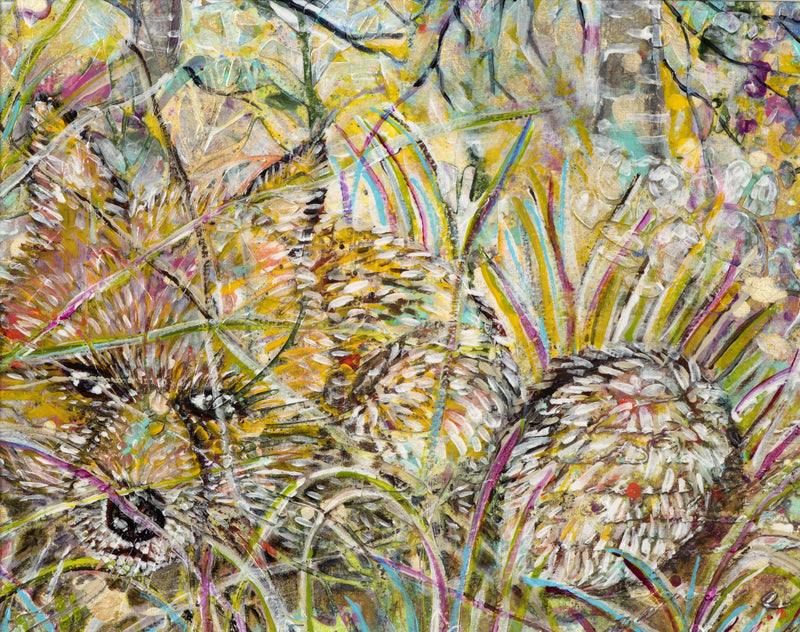 Abstract nature painting of a fox hidden among colorful grass and leaves