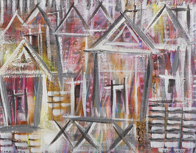 Abstract painting of colorful houses with geometric roof shapes and textured brushstrokes