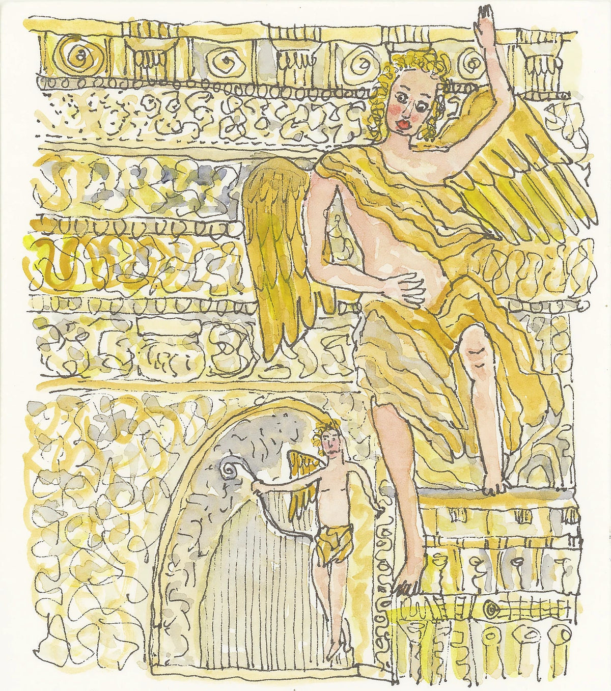 Camino sketch of golden angel statues on ornate architecture