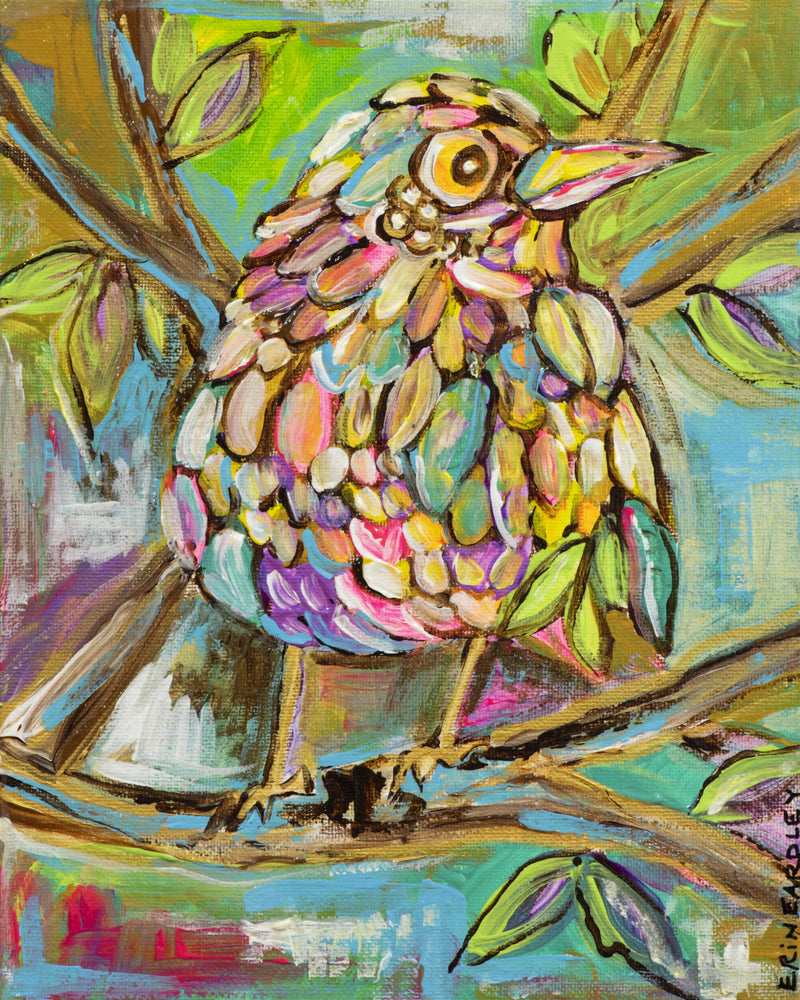 Colorful abstract painting of a bird with layered feathers sitting on a tree branch