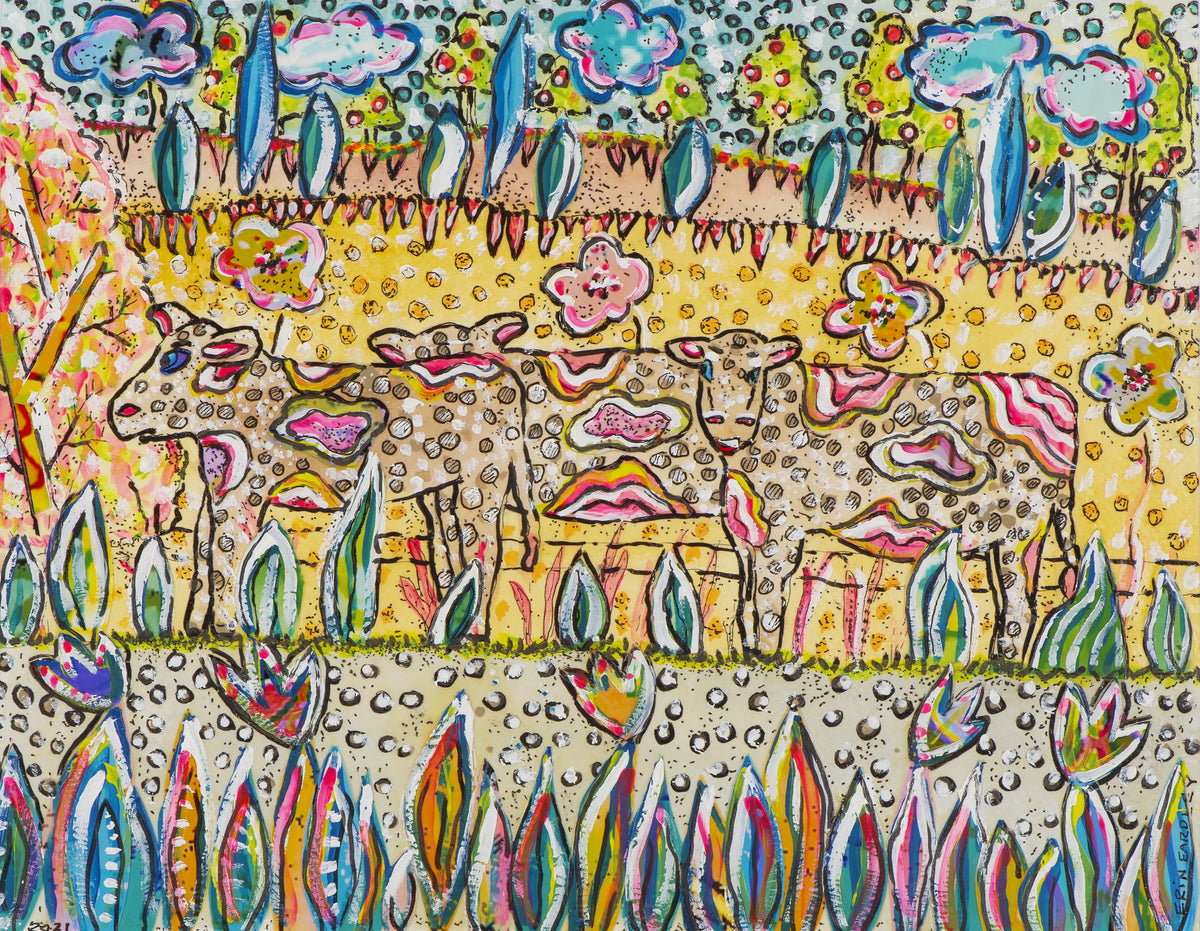 Colorful abstract painting of two cows standing in a vibrant field with flowers and trees