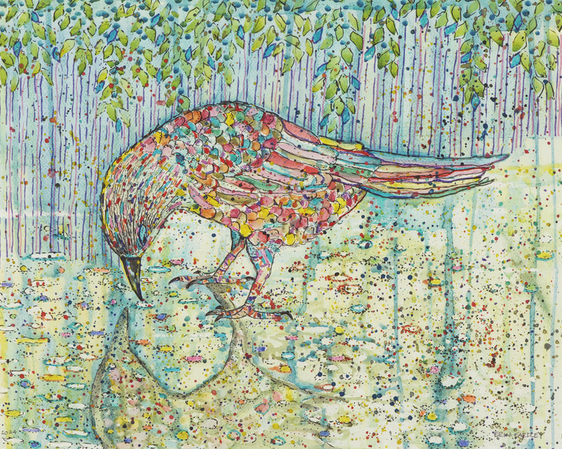 Watercolor painting of a colorful bird looking at its reflection in water under green leaves