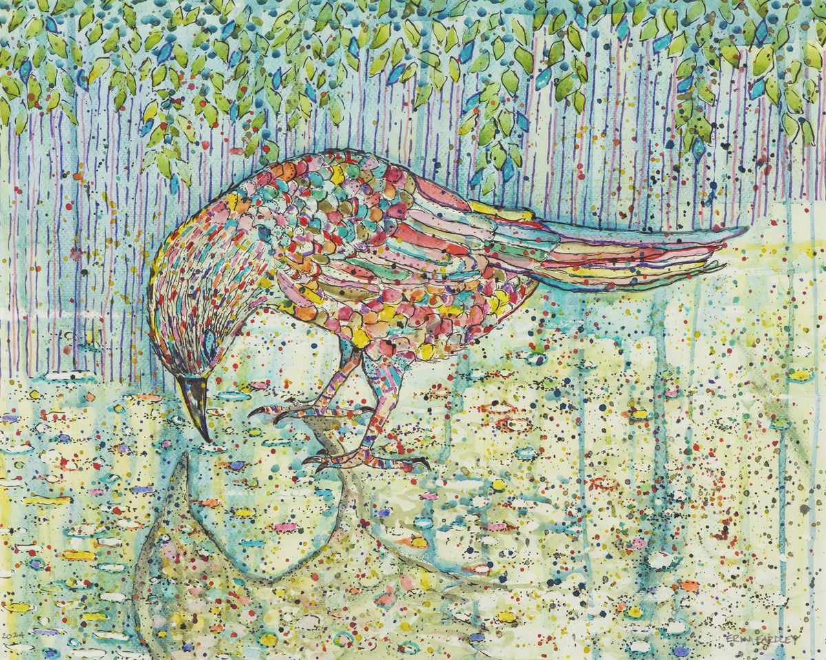 Watercolor painting of a colorful bird looking at its reflection in water under green leaves