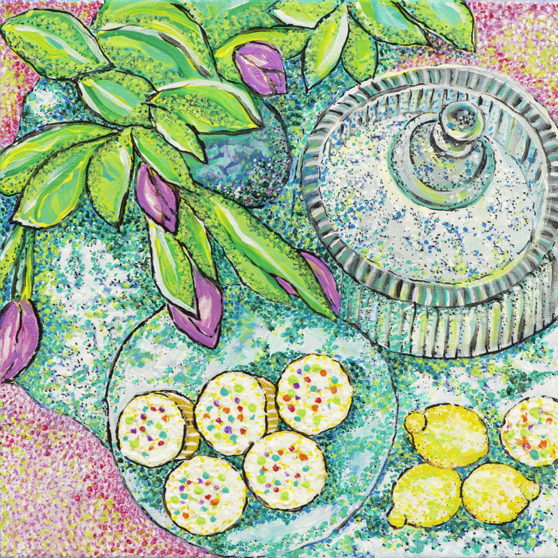 Colorful painting of lemons, cookies, and purple tulips on a textured blue-green table