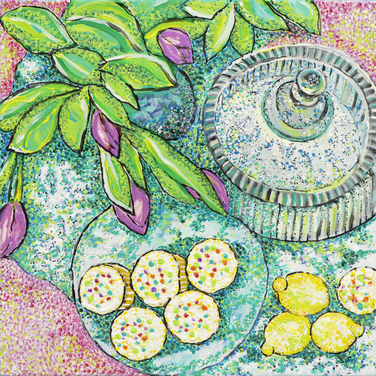 Colorful painting of lemons, cookies, and purple tulips on a textured blue-green table