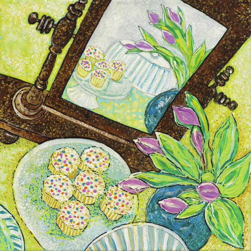 Colorful painting of lemons, cookies, and purple tulips on a textured blue-green table