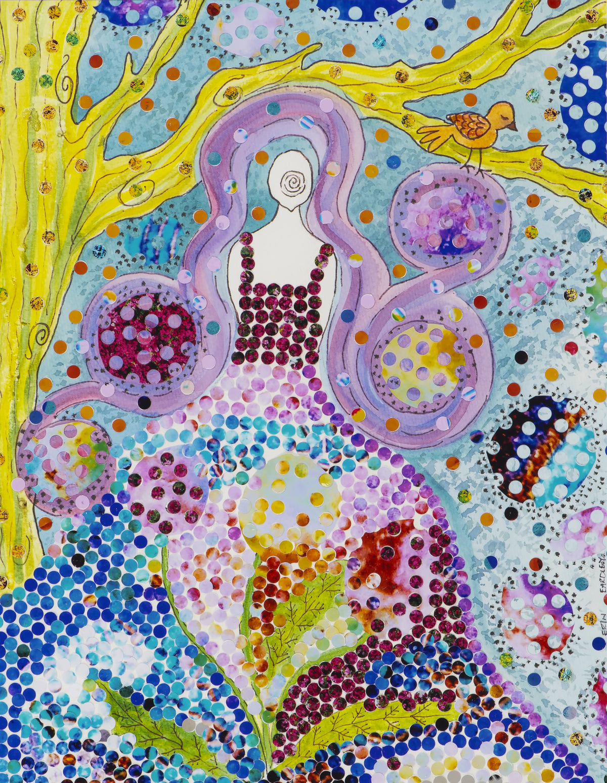 Hole punch mixed media artwork depicting a woman with purple hair and a yellow tree