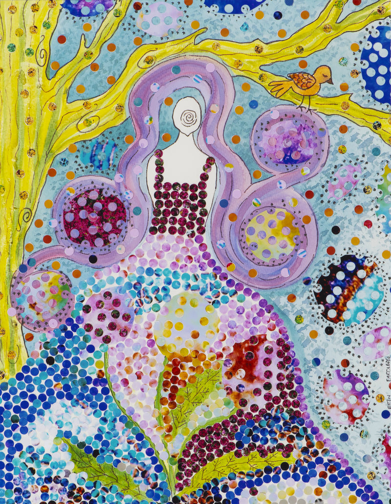 Hole punch mixed media artwork depicting a woman with purple hair and a yellow tree