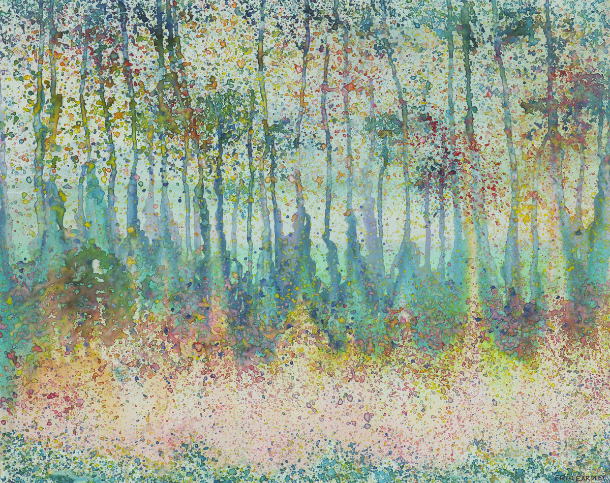 Abstract watercolor forest with soft pastel tones