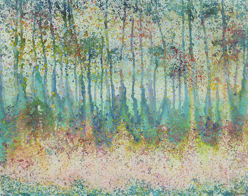 Abstract watercolor forest with soft pastel tones