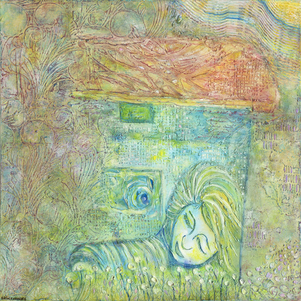 Camino oil painting of a peaceful figure resting beside a house under soft sunlight and textured patterns