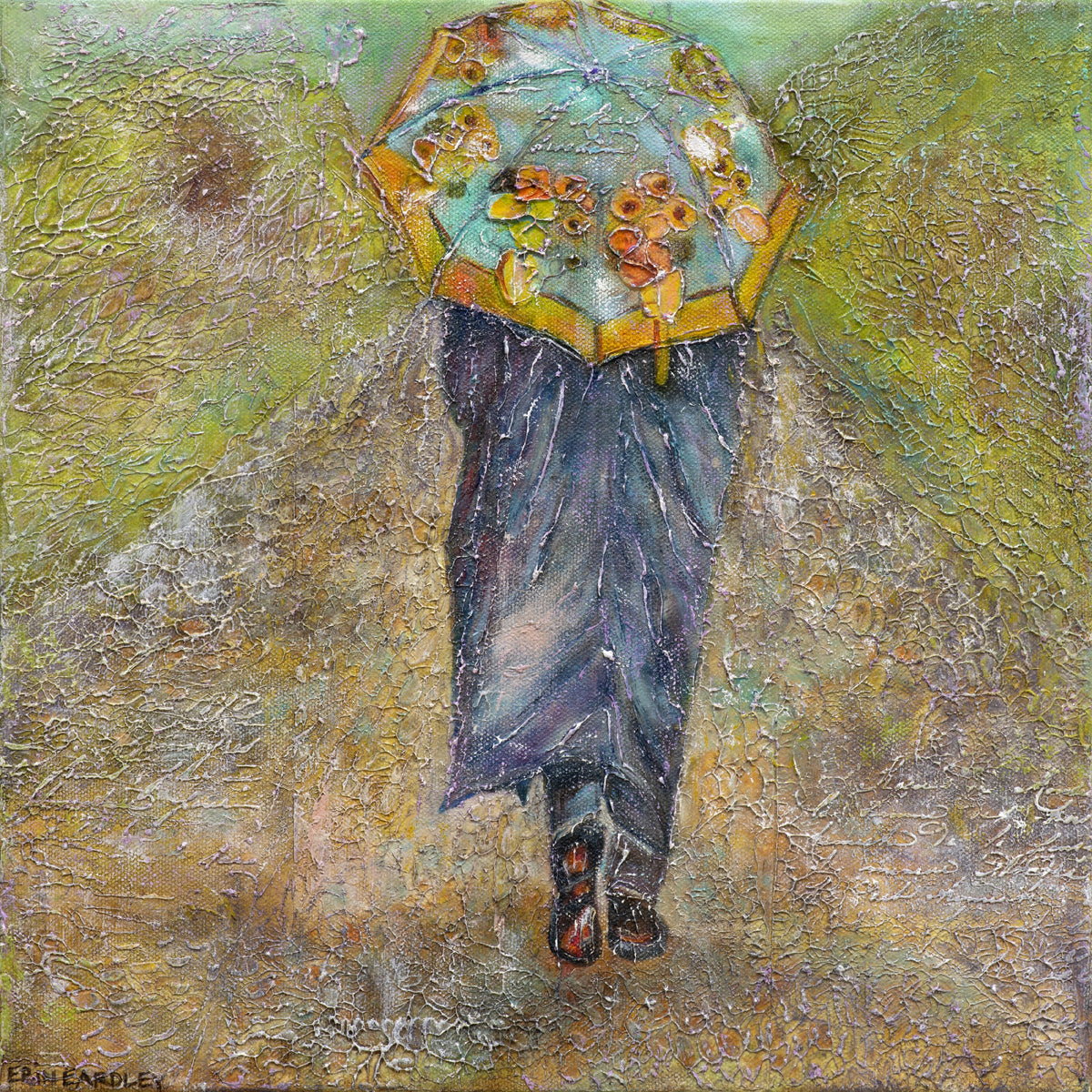 Camino oil painting of a person walking with a floral umbrella on a textured path