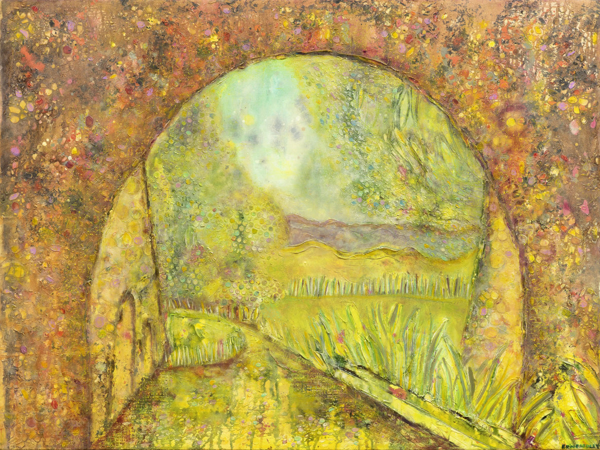 Camino oil painting of a sunlit path through an archway opening into green hills and trees.