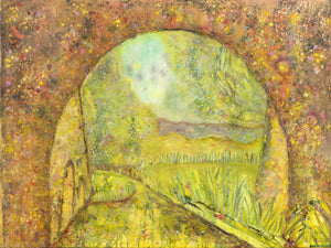 Camino oil painting of a sunlit path through an archway opening into green hills and trees.