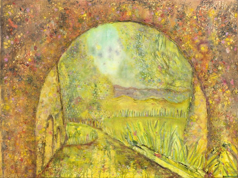Camino oil painting of a sunlit path through an archway opening into green hills and trees.