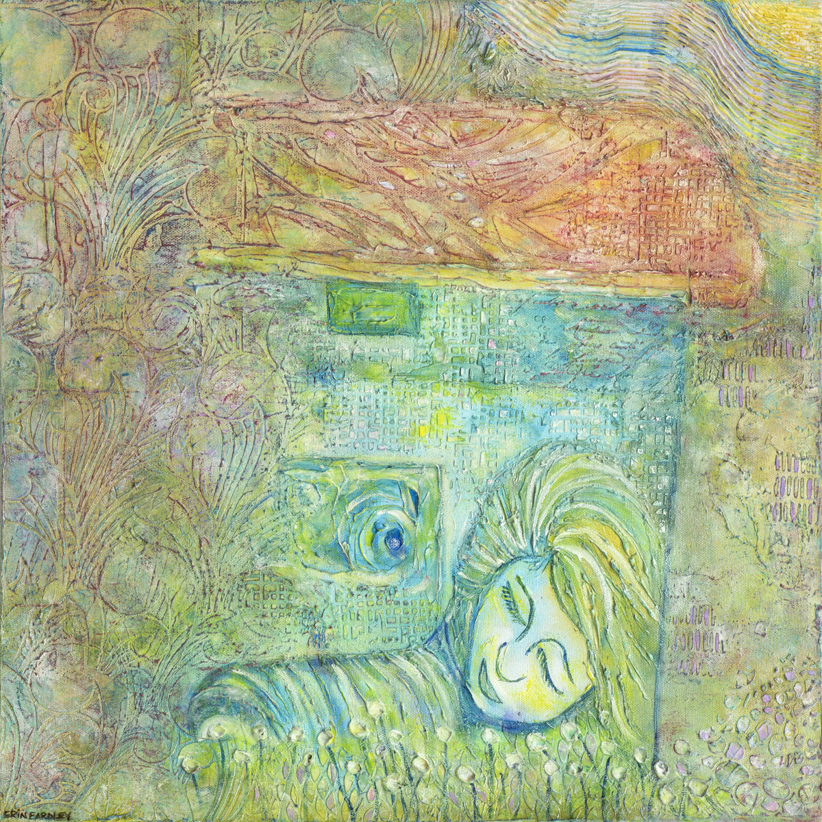 Camino oil painting of a peaceful figure resting beside a house under soft sunlight and textured patterns