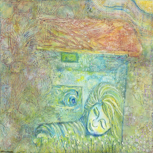 Camino oil painting of a peaceful figure resting beside a house under soft sunlight and textured patterns