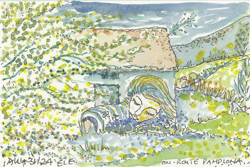 Camino watercolor of small stone building and hills on route to Pamplona