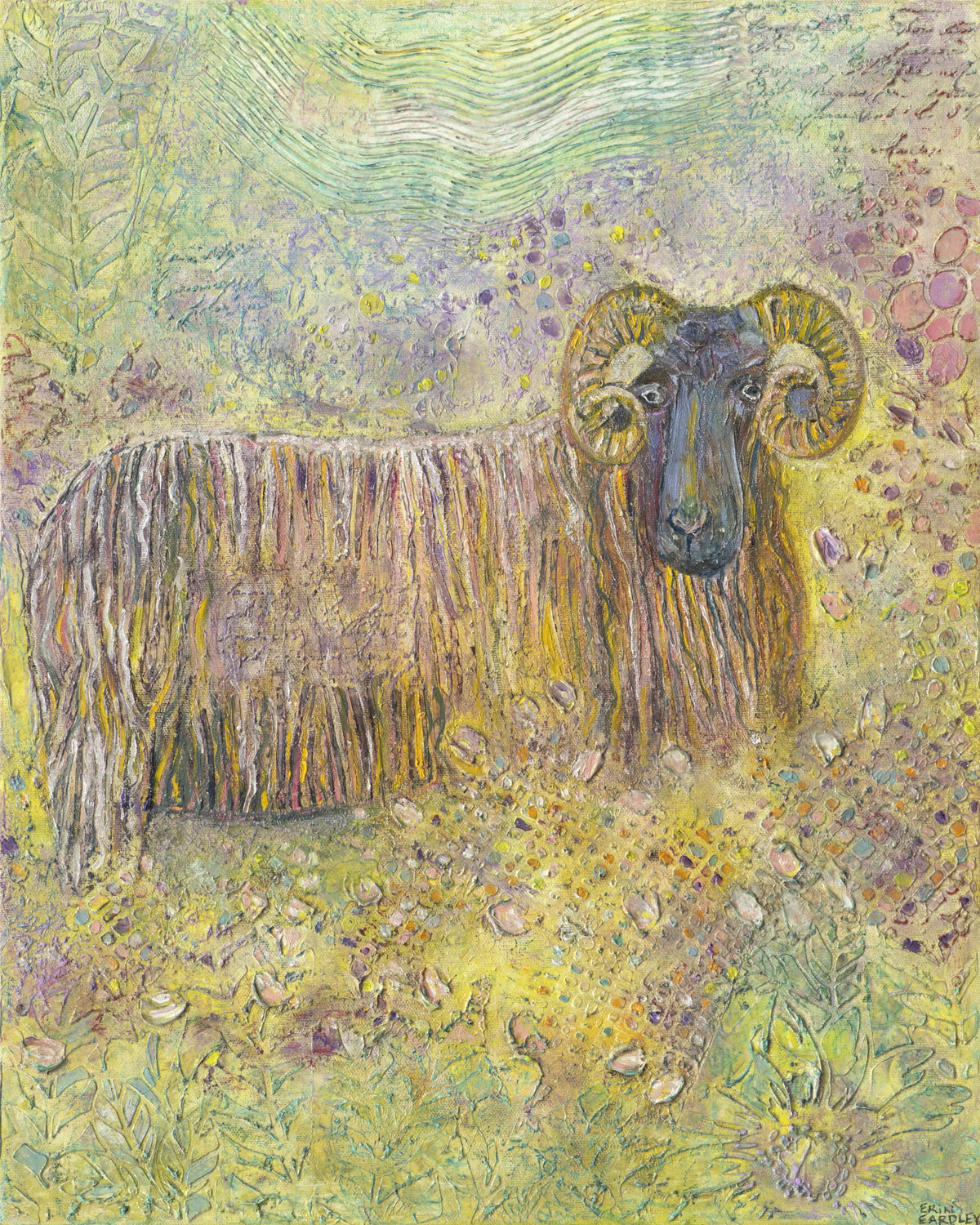 Camino oil painting of a ram standing in a textured meadow with soft green and yellow tones
