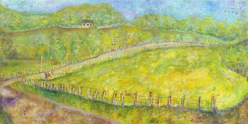 Camino oil painting of a winding countryside path with green hills, trees, and a distant house