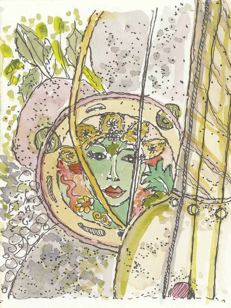 Camino watercolor sketch of a decorative mask with green face and golden floral headdress
