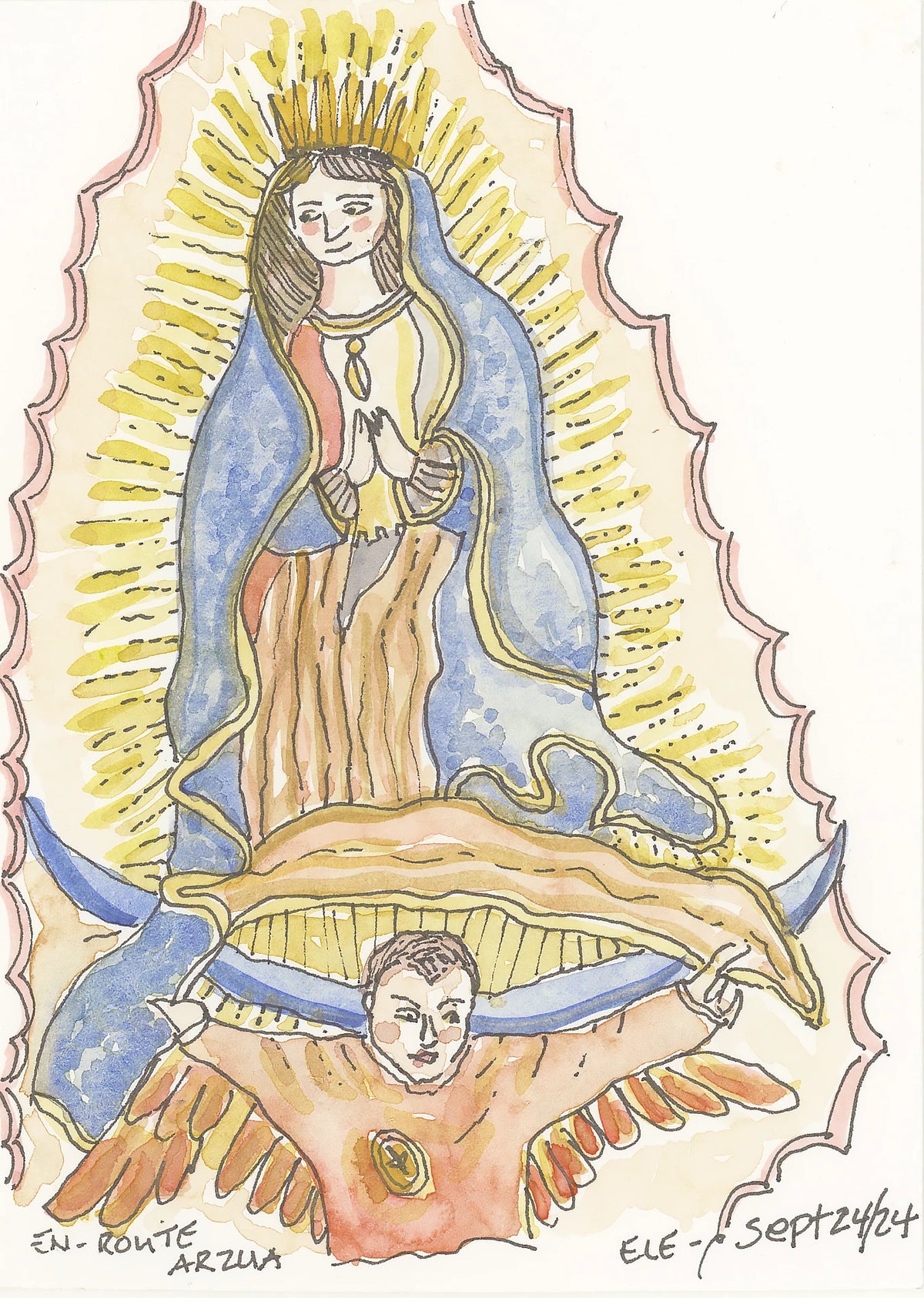Camino watercolor of Virgin Mary in blue robe with golden rays and angel beneath
