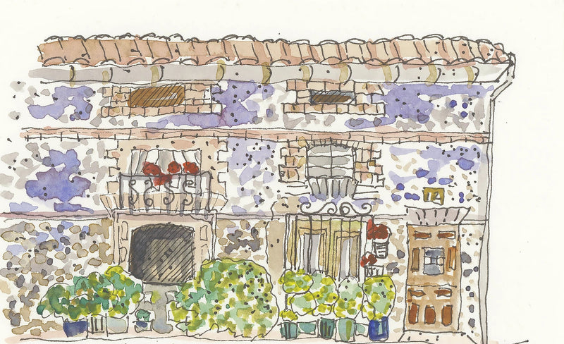 Camino watercolor of stone house with flowers and wooden door