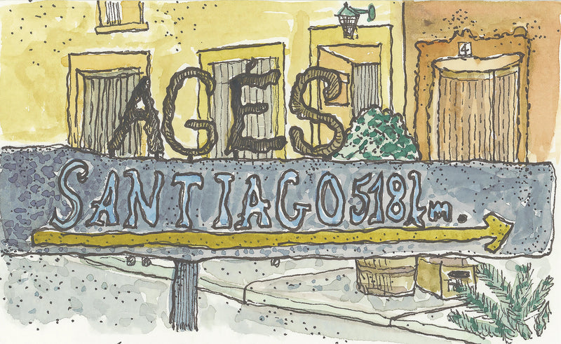 Camino watercolor of road sign to Santiago with yellow arrow