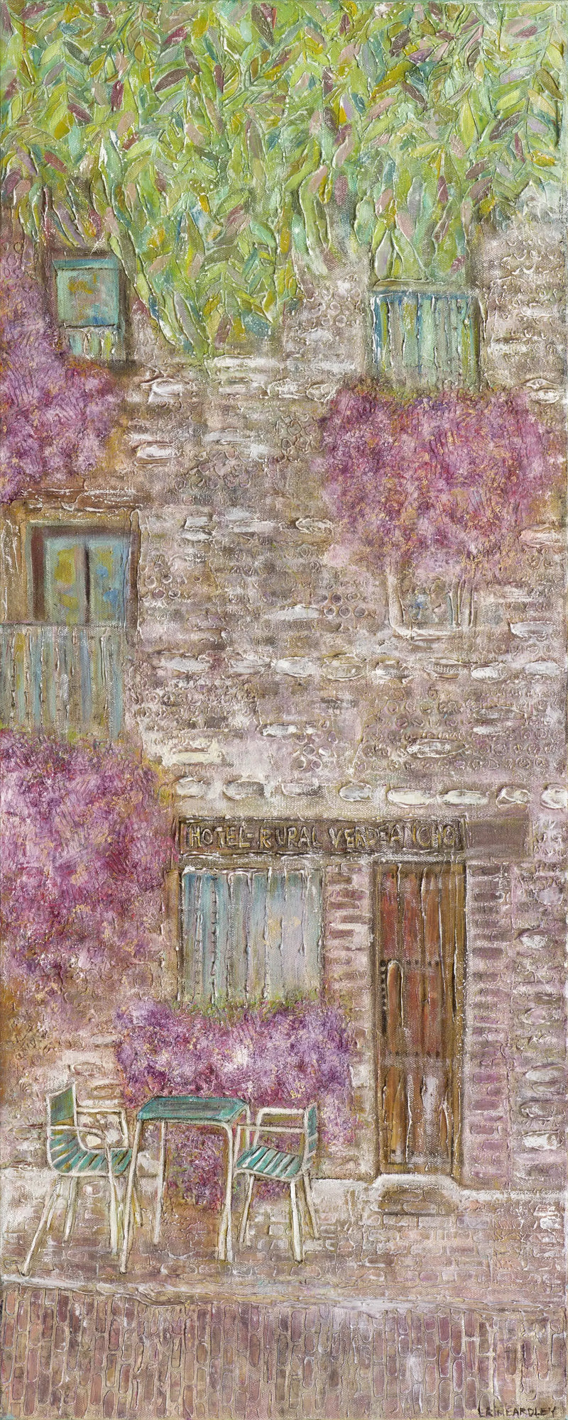 Camino oil painting of a stone building with purple flowers