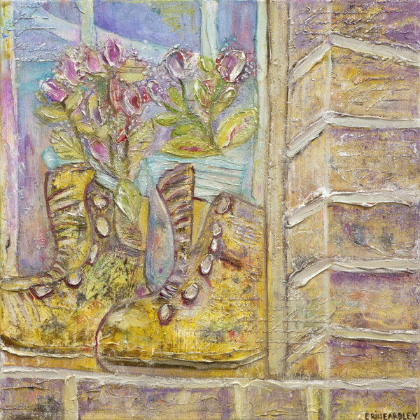 Camino oil painting of yellow boots with flowers on a window ledge