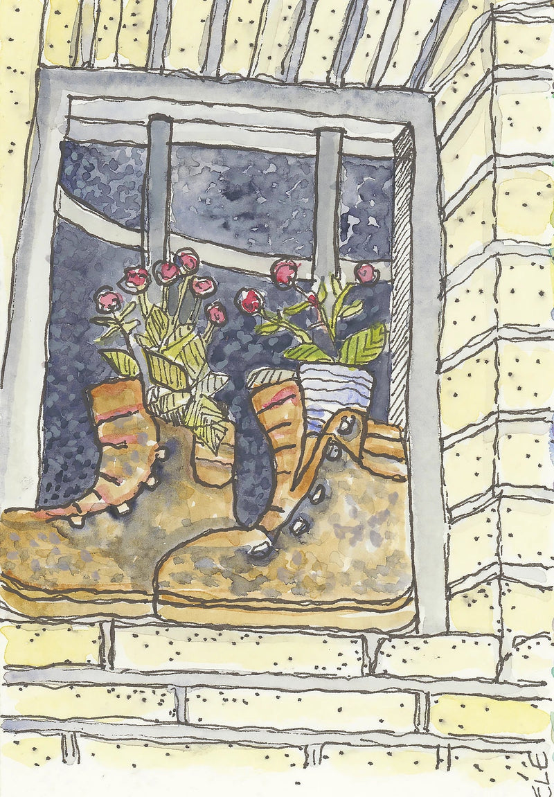 Camino watercolour painting of yellow boots with flowers on a window ledge