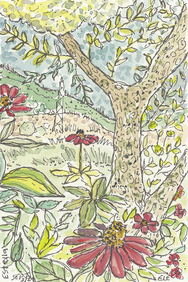 Camino watercolor of a tree and red wildflowers in Estella, Spain