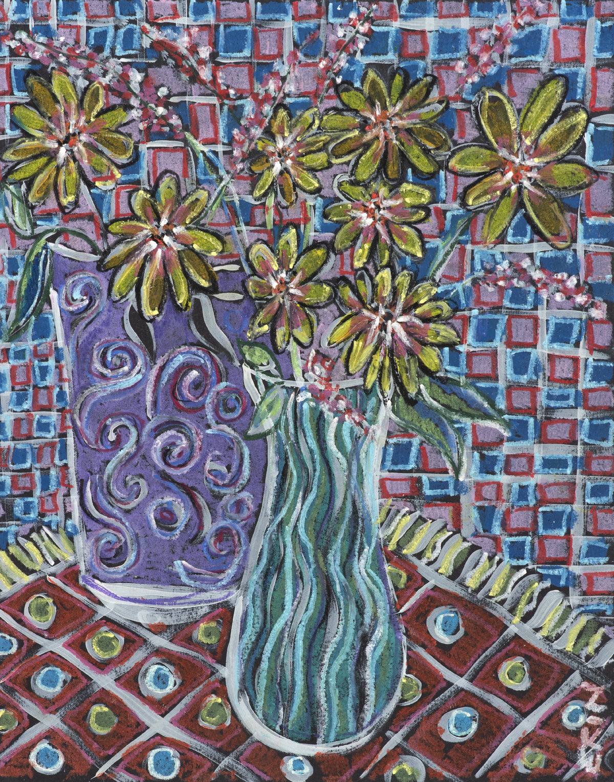 Pastel painting of yellow flowers in patterned vases on a geometric tablecloth