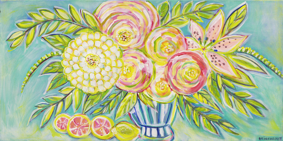 Colorful floral painting with pink and yellow flowers in a striped vase