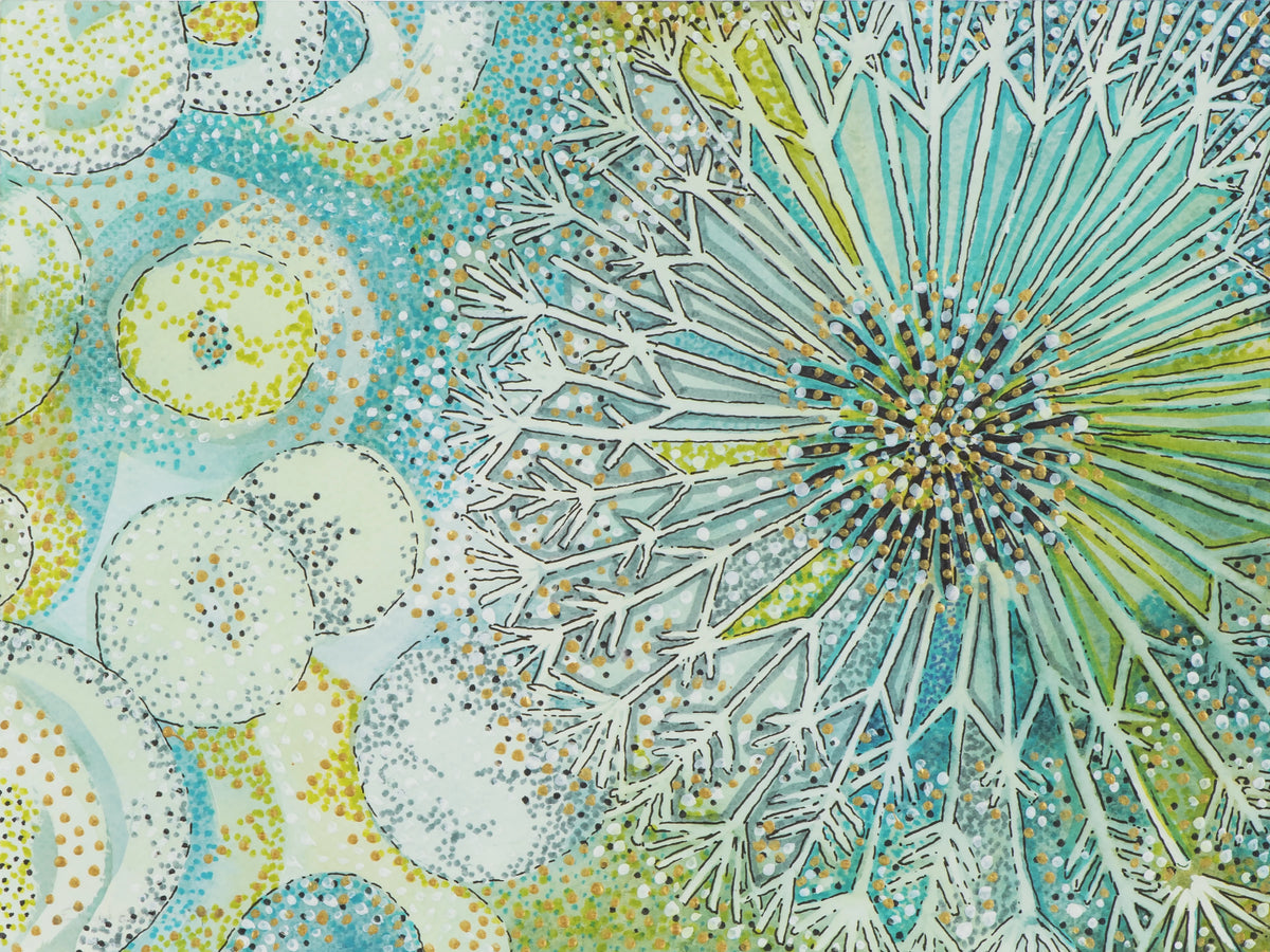 Abstract watercolor painting with circular shapes and a dandelion in green and blue tones