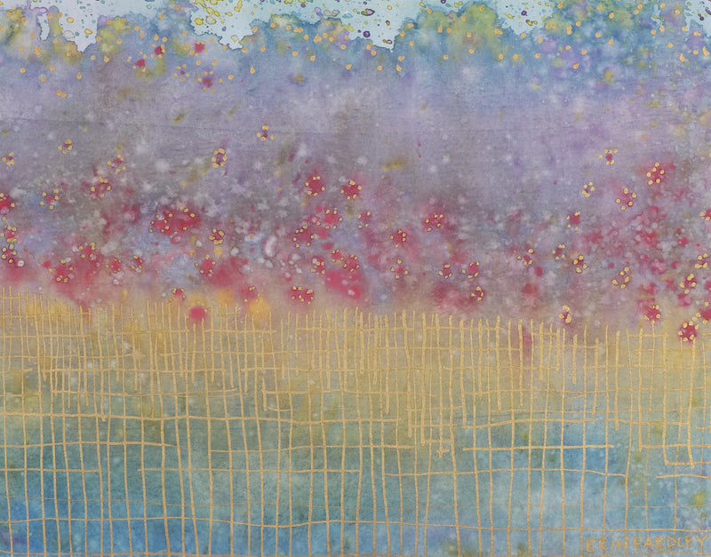 Abstract watercolor painting with gold grid lines and soft purple red and blue tones
