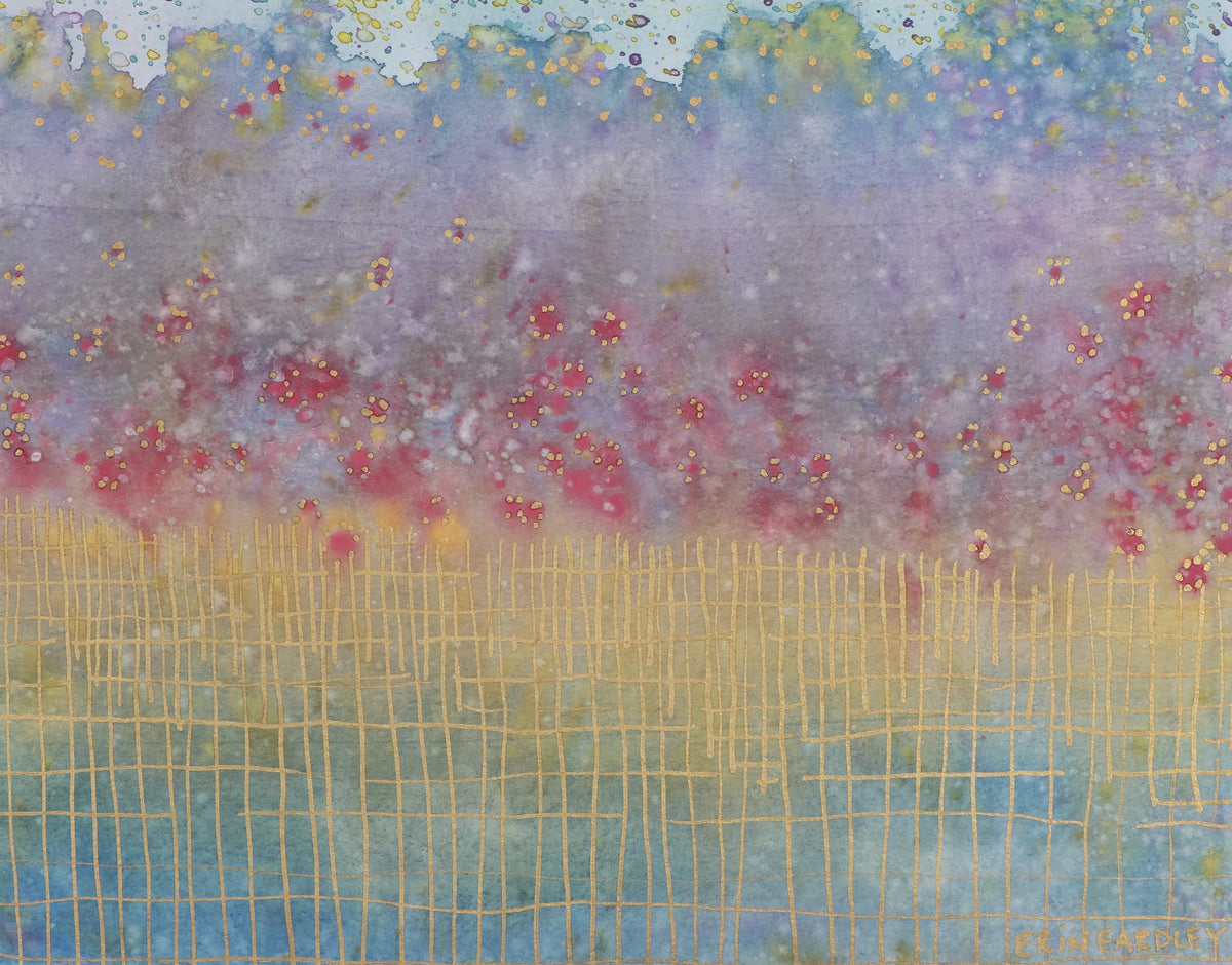 Abstract watercolor painting with gold grid lines and soft purple red and blue tones
