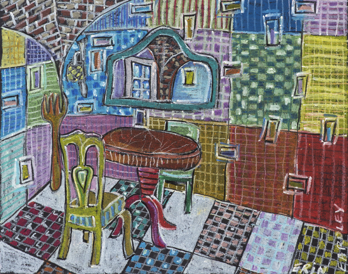 Abstract room with patterned walls table and chairs in bright colors